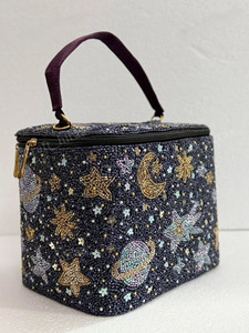 Beaded Cosmetic <b>Case</b> With Star Planet Pattern Zipper Closure Soft Handle Medium Size Bohemian Style <b>Makeup</b> Bag - Product Image 6