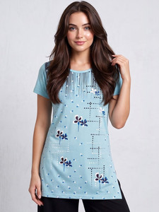 T-shirt en coton pour femme 160 GSM, imprimé floral géométrique, coupe longue, fente latérale, tunique bleue, fabricant de vêtements - Product Image 6
