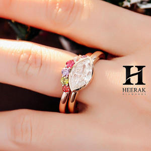 Custom 14K <b>Gold</b> Marquise Cut Moissanite Engagement <b>Ring</b> <b>Set</b> with Multi-Color Gemstone Curved Wedding Band for Women - Product Image 4