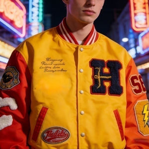 Custom High Street <b>Patchwork</b> Varsity <b>Jacket</b> Lightweight Wool Letterman <b>Jacket</b> Front Button Embroidery <b>Jacket</b> - Product Image 3