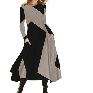 Nouveau 2024 femmes décontracté élégant robe de soirée contraste couleur dames printemps automne ample à manches longues robe avec poches robe Midi - Product Image 1