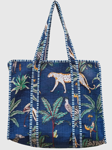 Bohemian Cotton <b>Tote</b> <b>Bag</b> With Leopard And Tropical Print Open Top For Beach <b>Summer</b> Use - Product Image 1