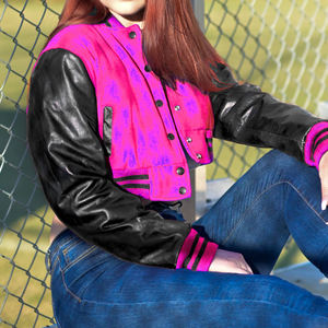 Chaqueta Corta Estilo Universitaria para Mujer, Color Rosa, Magenta y Negro, Estilo Bomber, Mangas de Cuero Sintético, Ropa Exterior Informal, Moda Femenina - Product Image 1