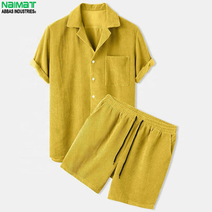 Ensemble de pyjama en velours côtelé jaune pour homme NAIMAT, chemise à manches courtes et short, couleur unie, respirant, tenue décontractée pour l'été - Product Image 4