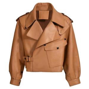 Blouson Moto Femme Tendance en Cuir Véritable Orange, Col Rabattu, Manches Longues, Épaulettes, Fermeture Ceinture, Style Automne - Product Image 4