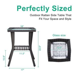 Outdoor Grey Wicker Side Table with Glass Top Rattan End Table for Patio Coffee Bistro Table for Indoor Garden Porch Balcony - Product Image 5