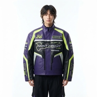 Blouson de moto coupe-vent à col montant, style motard, avec blocs de couleur violet et vert, fermeture éclair, pour la nuit