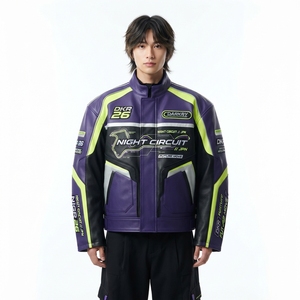Blouson de moto coupe-vent à col montant, style motard, avec blocs de couleur violet et vert, fermeture éclair, pour la nuit - Product Image 1