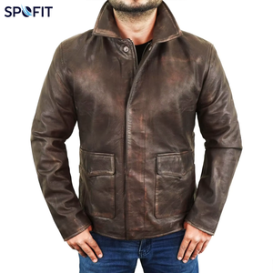 Veste en cuir marron vieilli pour homme, style vintage, en cuir de vachette ciré, col chemise, avec poches à rabat, cuir personnalisé - Product Image 1