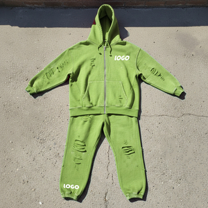 Conjunto de Sudadera con Capucha y Cremallera Estilo Vintage con Logotipo Personalizado y Pantalones Deportivos Holgados, 100% Algodón, Estilo Desgastado, para Hombre - Product Image 1