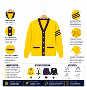 Cosh International Sisterhood Sorority Yellow <strong>Purple</strong> Contrast Color Knitted Long Sleeve V-neck <strong>Cardigan</strong> With Button Closure - Product Image 6