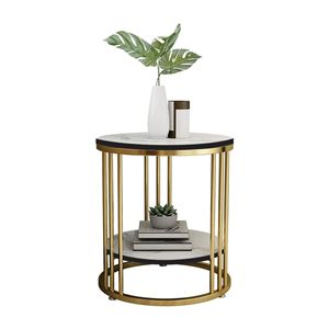 Mesa Auxiliar Moderna de Metal, Pequeña, de 2 Niveles, Redonda, con Superficie Blanca y Acabado Dorado, para Sala de Estar, Dormitorio, Balcón - Product Image 1