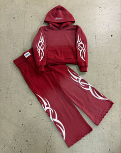 Custom <b>Cropped</b> Hoodie Wide Leg Sweatpants Set Premium Cotton Blend Solid Streetwear Logo Private Label Sweatsuit Casual Men's - Product Image 2