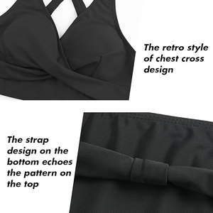 Conjunto de bikini para mujer, top cruzado con cuello halter, parte inferior de cintura alta, traje de baño negro liso, ropa de playa de dos piezas - Product Image 3