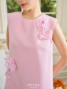 Women's Sleeveless A-Line Mini <b>Dress</b> with Handmade Draped Floral Pink Feminine Casual Party <b>Dress</b> BLOOM - Product Image 4