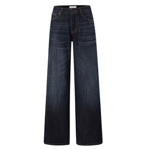 Jean en denim déchiré taille haute pour femme, style décontracté, coupe droite ample, respirant, délavage moyen, en coton, style automne - Product Image 1