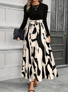 Vestido Largo Negro de Manga Larga para Mujer, Cintura Alta, con Falda de Gasa con Estampado Animal, Estilo Casual Moderno, Transpirable y Agradable al Tacto - Product Image 3