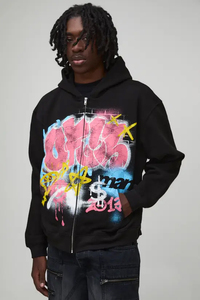 Sweat-shirt à capuche zippé noir pour homme avec imprimé graffiti rose, style streetwear, manches longues, poches latérales, en coton - Product Image 4