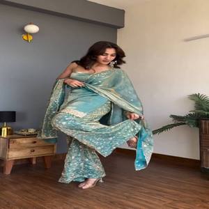 Conjunto de Kurta y Palazzo de Seda VASTRA COTTAGE con Lentejuelas y Bordado, Cintura Elástica, Dupatta Bordada, Ropa Étnica Festiva - Product Image 3