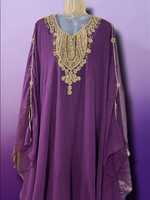 Ensemble 2 pièces de luxe AWAIS HOUSE pour femmes musulmanes, modeste, uni, perlé, en mousseline non tissée, longueur ras du sol, coupe trapèze, manches longues