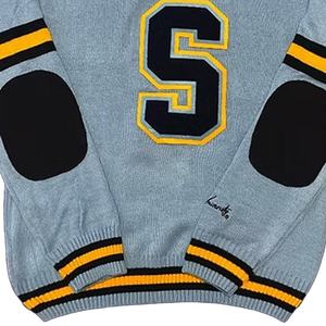 Women's <b>Light</b> Blue V-Neck Sweater With Letter S Applique Full Sleeve Preppy Style Knitted Pullover - Product Image 4