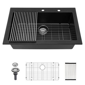 Fregadero de Cocina Empotrable de Granito Negro de 33x22 Pulgadas, Fregadero de Cocina de Cuarzo - Product Image 1