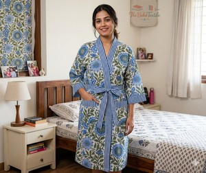 ชุดคลุมกิโมโนผ้าฝ้ายแท้ 100% พิมพ์ลายบล็อกเรียบง่าย สวมใส่สบาย ระบายอากาศได้ดี เก็บความร้อน เหมาะสำหรับเพื่อนเจ้าสาว ไซส์เดียว ชุดนอนฤดูร้อนสำหรับผู้หญิง - Product Image 1