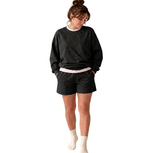 Conjunto de Sudadera y Pantalones Cortos de Algodón Lavado Estilo Vintage para Mujer, Conjunto Informal de Dos Piezas, Ropa de Estar por Casa, Etiqueta Privada Personalizada - Product Image 3