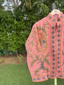 Artisan Crafted Knitted Breathable Stand Collar Floral Embroidery Jacket <b>for</b> <b>Women</b> | Premium Autumn Cotton Designer Fashion <b>Coat</b> - Product Image 2