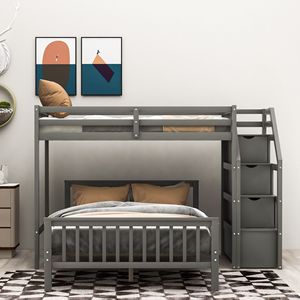 Letto a soppalco grigio con letto singolo sopra e letto matrimoniale, con scala, mobili per bambini - Product Image 3