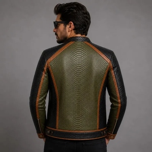 Chaqueta de Cuero Genuino para Hombre, Estilo Café Racer, Textura de Piel de Serpiente, Color Verde Oliva, Negro, Marrón - Product Image 2