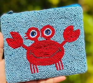 Porte-monnaie carré en coton fait main avec broderie de crabe de dessin animé, bleu clair, pour usage quotidien - Product Image 1