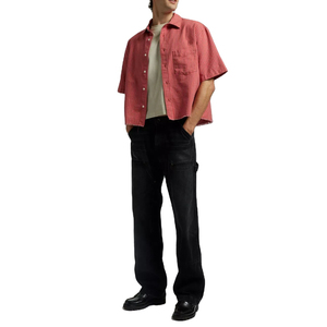 Chemise en flanelle déchirée à rayures rouges pour homme, manches courtes, col rabattu, tissu popeline, style décontracté, été - Product Image 5