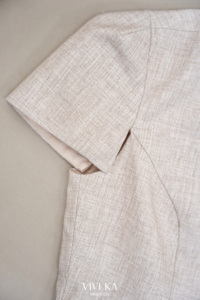 Women's Beige Solid Office Lady 2-Piece <b>Set</b> V-Neck Short Sleeve <b>Blazer</b> Top Pleated Midi Skirt All Seasons Outfit DYLAN - Product Image 6