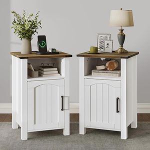 Set of 2 Farmhouse Wood Nightstands with Charging Station <b>Open</b> Compartment Bedside Table with <b>Storage</b> Side End Table - Product Image 1