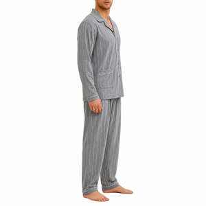 Ensemble de pyjama en tricot à manches longues rayé gris pour homme avec poches, vêtements de nuit en coton doux, vêtements décontractés d'automne - Product Image 5