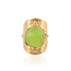 Latest fashion jewelry cushion shape prehnite jade <b>adjustable</b> <b>ring</b> solid brass 18k gold plated hammered texture band bold <b>rings</b> - Product Image 1
