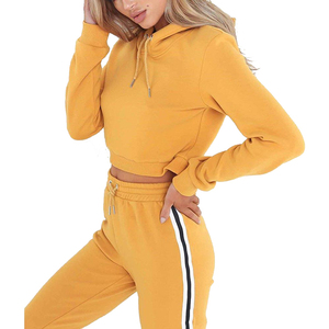 2026 Best Selling Winter Women's Hooded Fleece Breathable Quick Dry <b>Crop</b> <b>Top</b> Tracksuit 2 Piece Solid Sportswear Set - Product Image 6