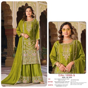 Salwar Kameez en pure soie Chinnon avec broderies riches pour femmes, taille XL-XXL, tenue traditionnelle indienne pour mariage - Product Image 5
