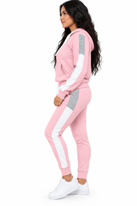 Ensemble de survêtement pour femmes, sweat-shirt à capuche rose à blocs de couleur, manches longues, pantalon de jogging en molleton, ensemble de sport décontracté 2 pièces - Product Image 4