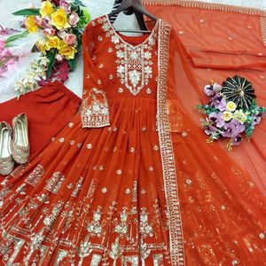 georgette embroidered gown with micro silk <b>pant</b> and <b>sequin</b> dupatta full stitched designer ethnic wear - Product Image 5