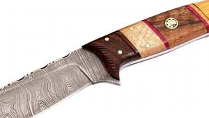 Couteau utilitaire artisanal en acier Damas à pointe clip, manche multi-bois, garde en laiton, outil de terrain - Product Image 3