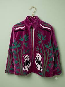 <b>Women's</b> Purple <b>Velvet</b> Zip Jacket Embroidered Panda Bamboo Stand Collar <b>Coat</b> - Product Image 5