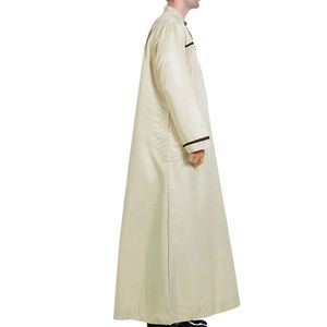 Cream Black Piping Detail <b>Thobe</b> Pure Cotton Smooth Texture Breathable Daily Islamic Traditional Wear <b>Men</b> Thobes - Product Image 3