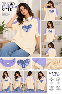 Camiseta raglán extragrande con bloques de color para mujer – Camiseta informal con estampado gráfico en crema y lavanda - Product Image 5