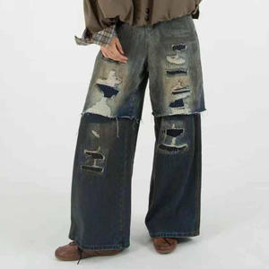 Early Autumn New Style Two Piece Double Layered Design Niche Ripped Loose Straight Leg Pants for Women's - Product Image 1