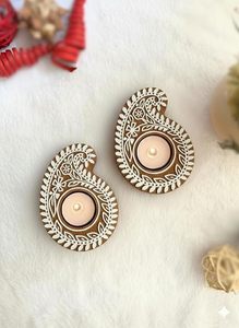 White Brown <b>Wooden</b> Floral Printing <b>Block</b> Decorative Tea Light Candle Holders, Diya Stands | Tea Light Holders | Christmas Diwali - Product Image 4
