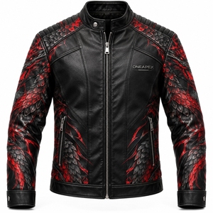 Veste en cuir pour homme, couleur noire, imprimé dragon rouge, col montant, fermeture éclair, veste de motard, veste de mode moto personnalisée de qualité supérieure - Product Image 1