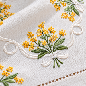 Set de table en coton brodé floral jaune, de luxe, avec ourlet festonné, idéal pour les banquets de mariage et comme cadeau de pendaison de crémaillère - Product Image 3