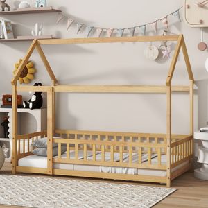 Lit en bois naturel double avec cadre de toit et barrières de sécurité, design maison sur pied - Product Image 2